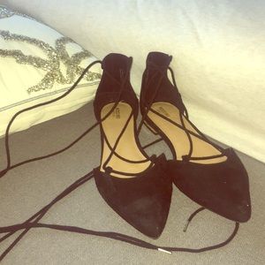Black lace tie up flats